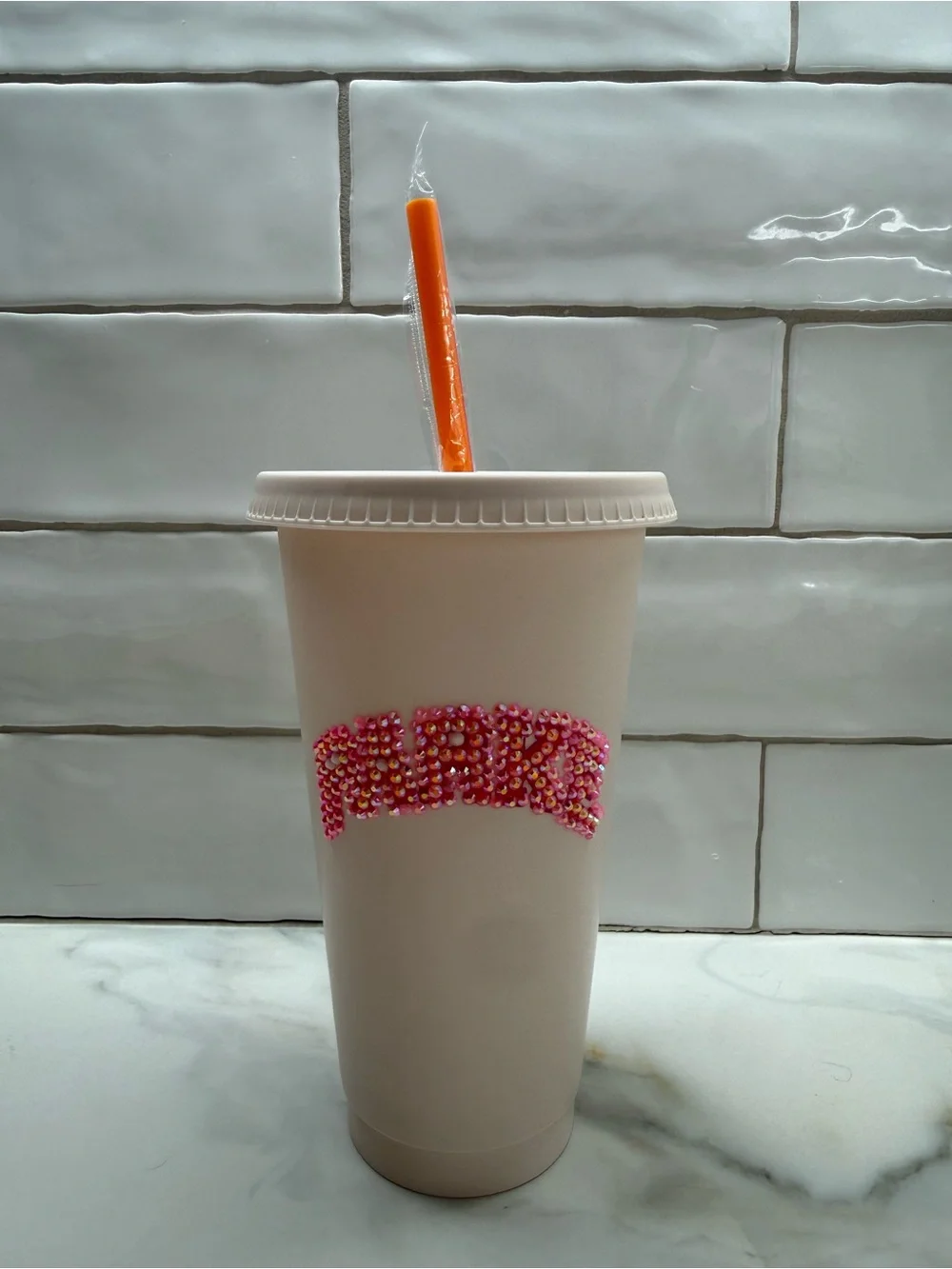 Custom Rhinestone Parke x Dunkin Travel Cup with Orange Straw NWT